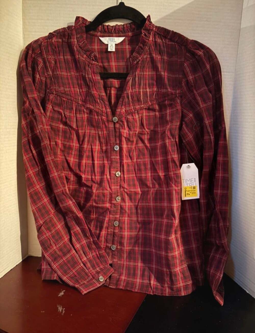 Time and Tru Plaid Blouse Size XS 0-2 Red Long Sleeve Ruffle Neck